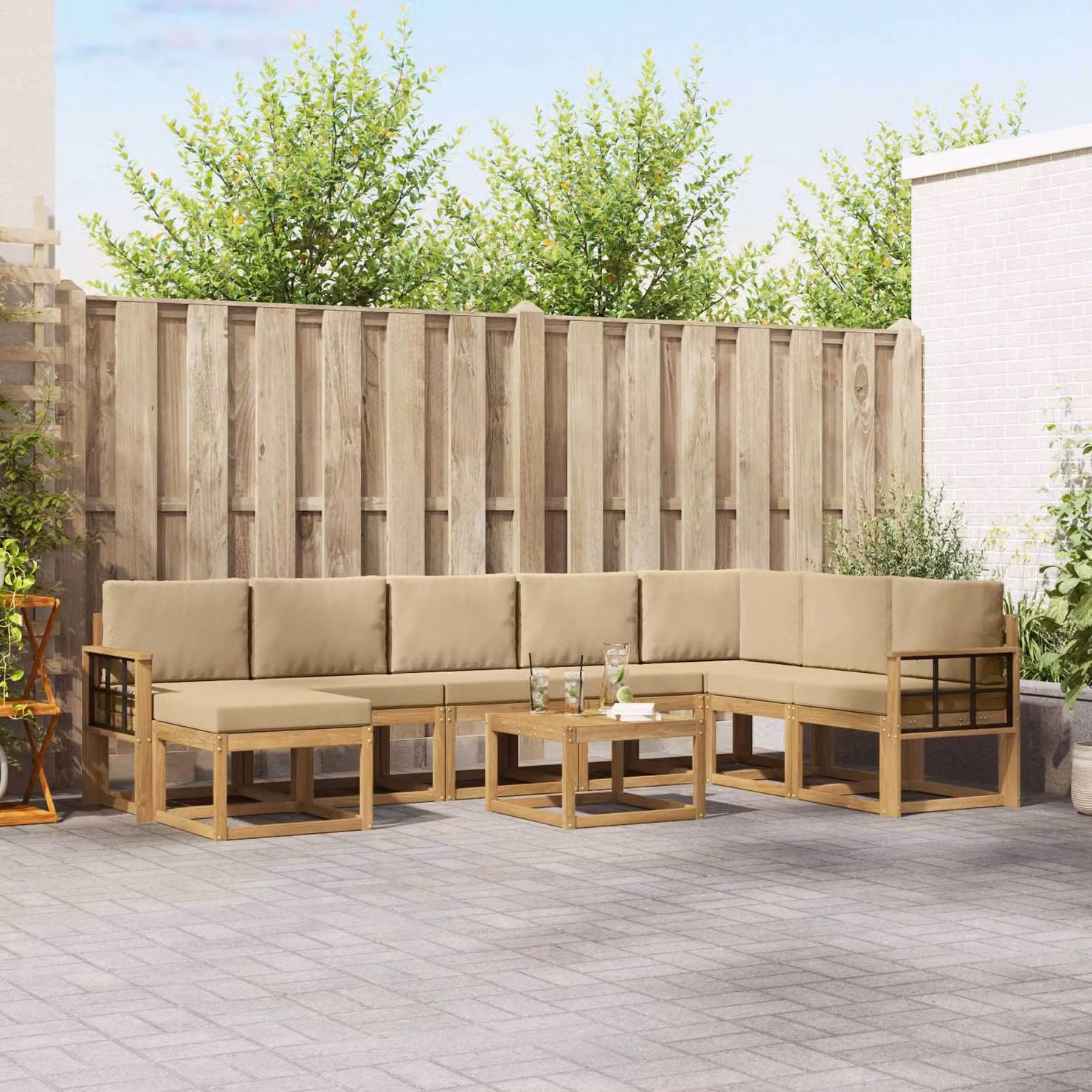 Set di divani da esterno vidaXL 9 pz in legno di acacia con cuscini Bianco e Beige