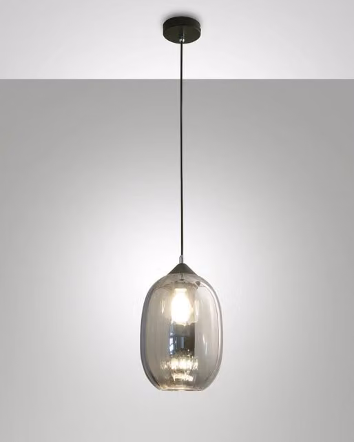 Lampada a Sospensione Infinity Fabas in Vetro Grigio e Metallo Nero con Tecnologia LED per Soggiorno, Sala da Pranzo o Cucina
