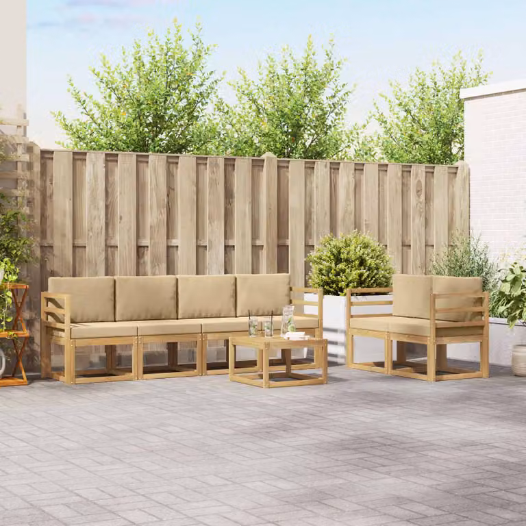 Set di divani da esterno vidaXL in legno di acacia con cuscini, 7 pezzi, Bianco e Beige