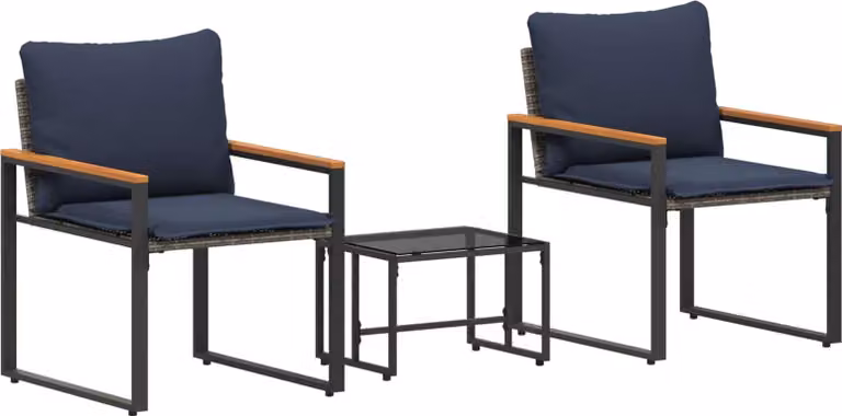 Set di Mobili con cuscino 3 pcs Grigio e Blu Navy Rattan