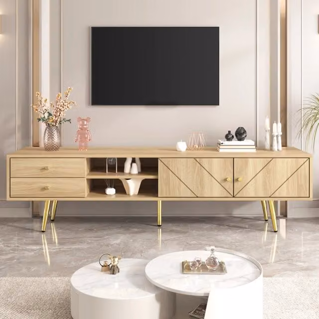 Mobile TV moderno Zephmum con due cassetti e piedini dorati, marrone e beige, L: 160 cm, P: 36 cm, H: 42 cm