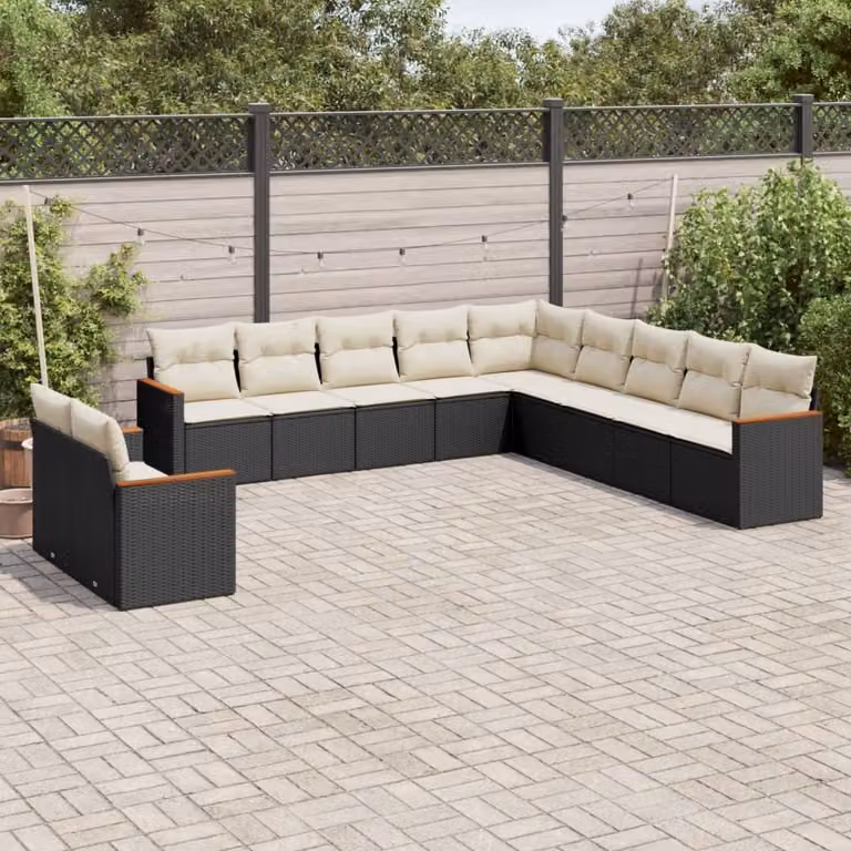 vidaXL Set Divani da Giardino a Forma di U composto da 11 Pezzi in Polyrattan Nero con Cuscini Imbottiti e Rivestimenti Rimovibili