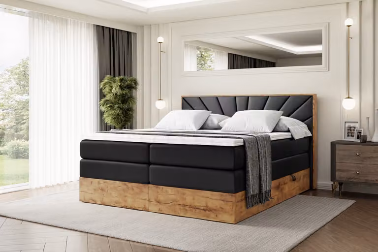 Letto boxspring ALTDECOR con materasso e rete a doghe, topper, letto imbottito con contenitore, letto con spazio contenitivo per materassi H3 e H4, letto matrimoniale, letto boxspring - LOLLI6 KING - 180x200 - Ecopelle nera