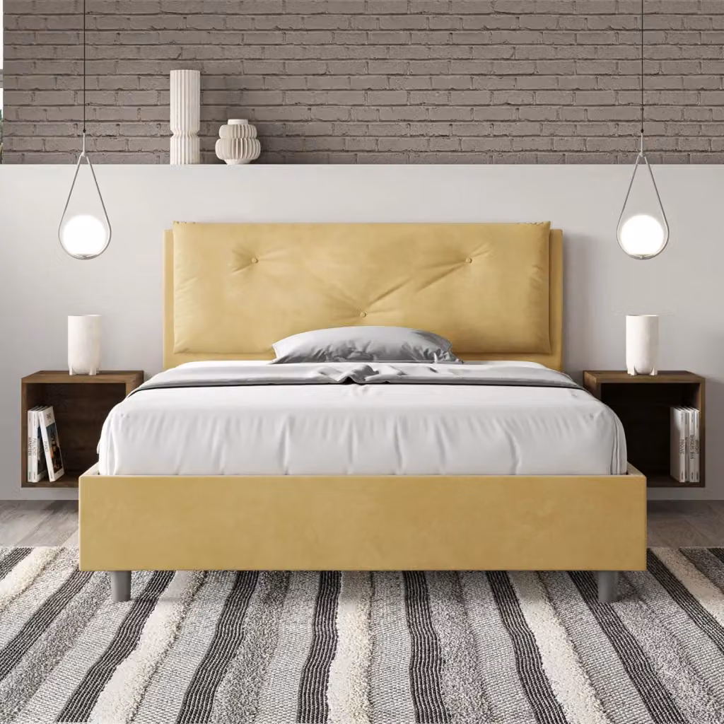 Letto Matrimoniale Francese Appia Large con Contenitore e Rete, Imbottito in Microfibra, Colore Ocra, L/P/H: 140 x 200 x 110 cm – 2