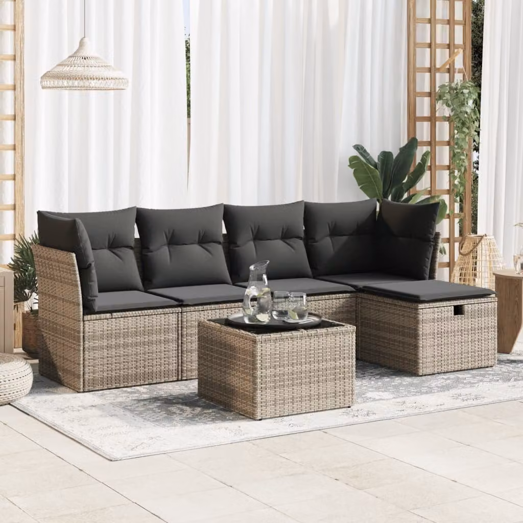Set Divano da Giardino vidaXL 6 pz in Polyrattan Grigio con Cuscini e Tavolino