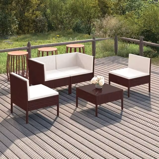 Set Divani da Giardino 5 pz con Cuscini in Polyrattan Marrone 3094339
