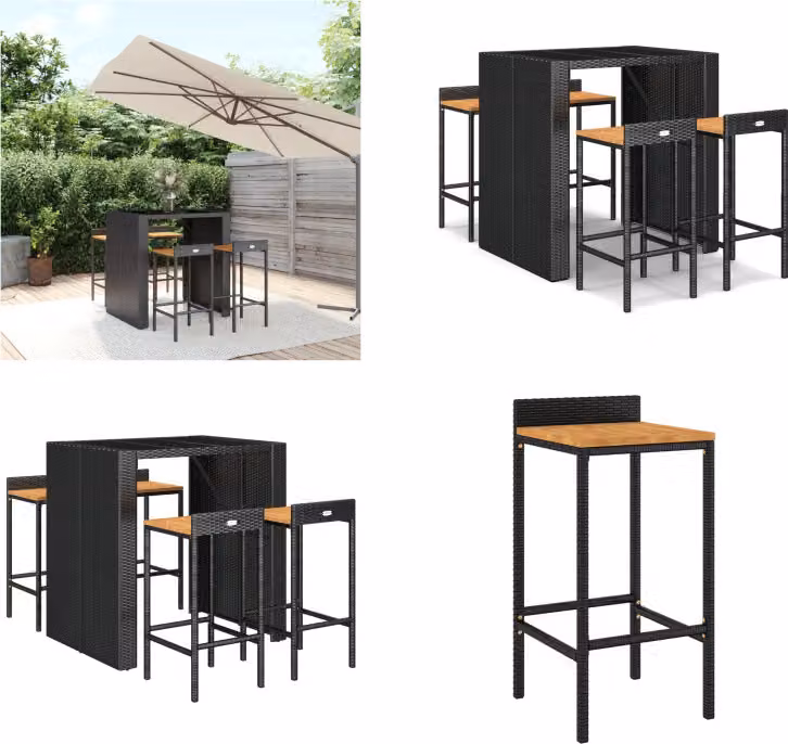 vidaXL Set bar da giardino 5 pezzi in poly rattan nero e legno massiccio di acacia - Set bar da giardino - Set bar da giardino - Set bar da giardino - Bar da giardino