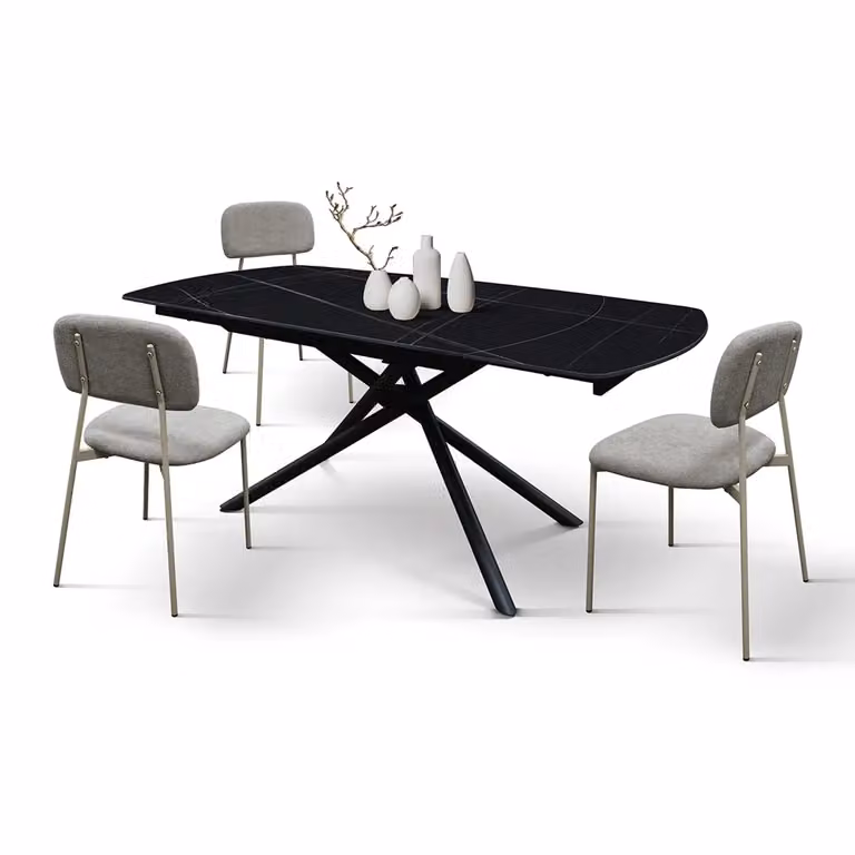 Tavolo BONIFACIO in ceramica nero Sahara e base in metallo verniciato nero, allungabile 120×88 cm – 180×88 cm