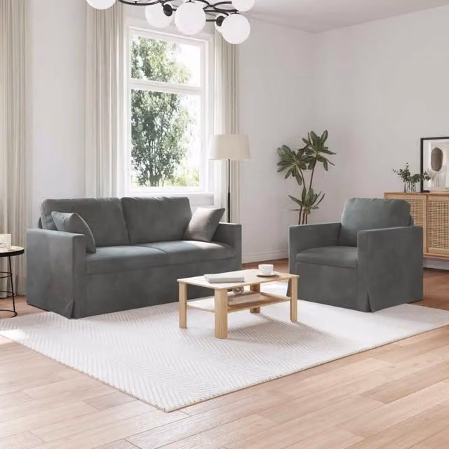 Set di 2 divani vidaXL in velluto grigio scuro con cuscini coordinati e coperture rimovibili – 1