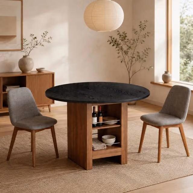 Tavolo da pranzo rotondo moderno MIVRAY in MDF nero e noce con vani aperti, Diametro: 100 cm, Altezza: 76 cm