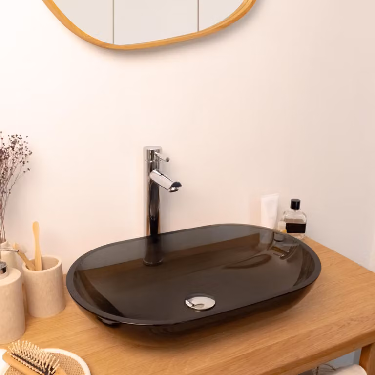 Lavabo da appoggio ovale in vetro fumé nero, dimensioni 54x34 cm