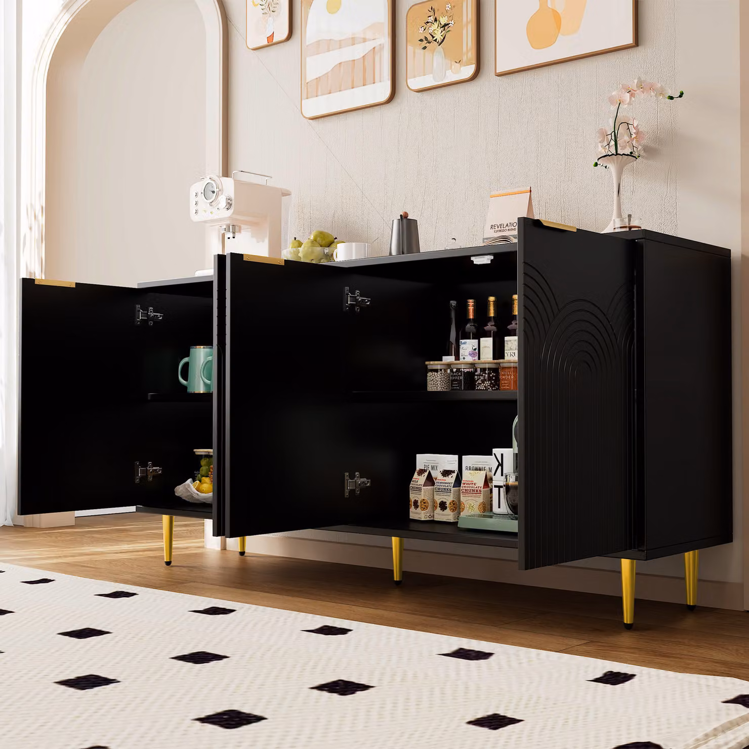 MODFU Mobile da cucina a 4 ante, cassettiera con maniglie in metallo dorato, mobile contenitore con gambe lucide, nero