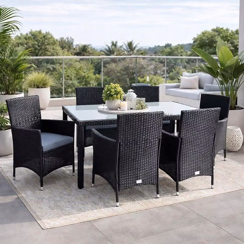 Gruppo di sedute in poly rattan set da pranzo set di mobili da giardino 6 persone set da giardino nero