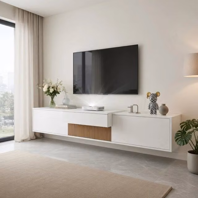 Cassettiera TV KOMHTOM bianca in stile minimalista con finitura opaca, L: 180 cm, P: 34 cm, H: 30 cm