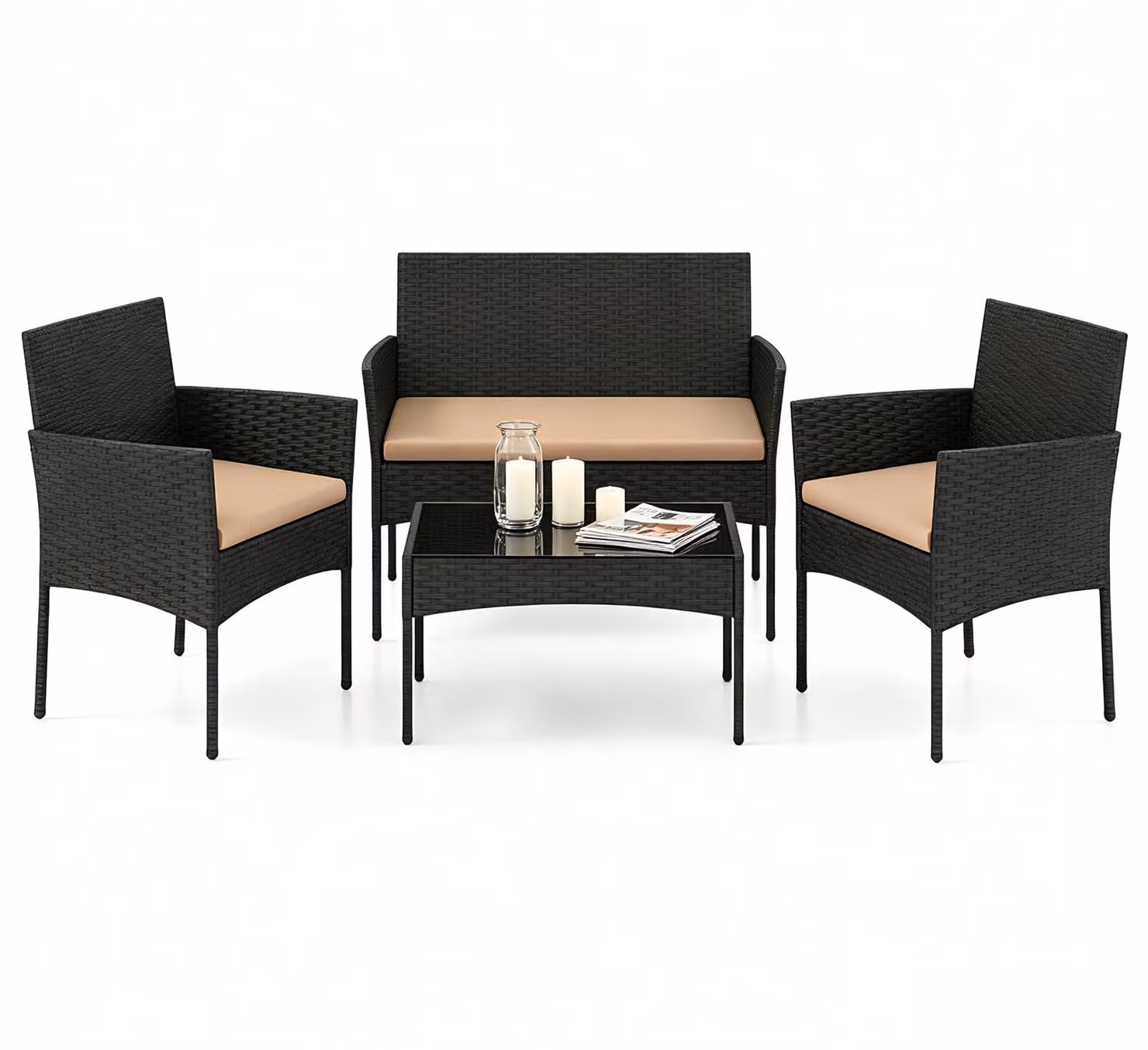 Set da giardino KOMFOTTEU, composto da 4 pezzi: un tavolino in vetro, 2 sedie e una panca. Set di sedute da esterno in rattan con struttura in metallo, dotato di cuscini imbottiti. Ideale per terrazzi, balconi, giardini e piscine