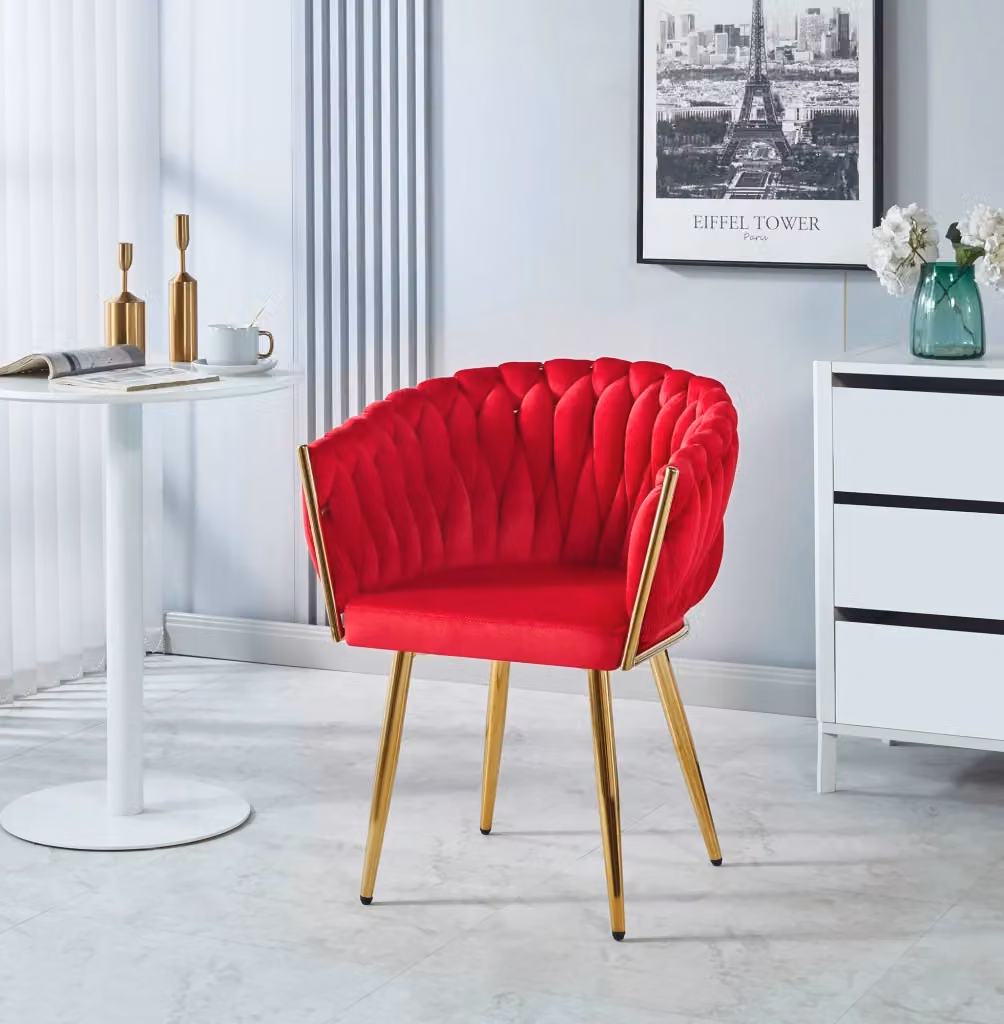 Poltrona moderna con schienale in velluto intrecciato e gambe in metallo placcato oro, sedia imbottita circolare bordeaux per salotto, camera o cucina – 2