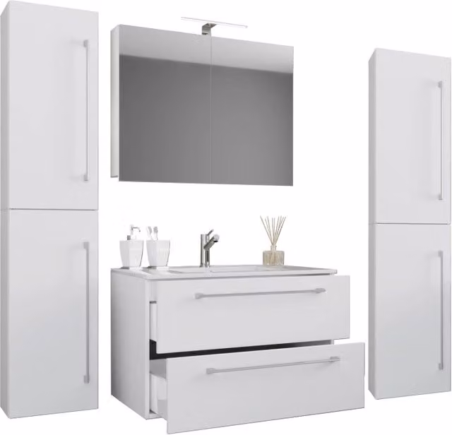 Set completo bagno EZOOZA da 5 pezzi con mobile sospeso a 2 cassetti, lavabo XL in ceramica, 2 colonne e mobile specchio, Bianco lucido