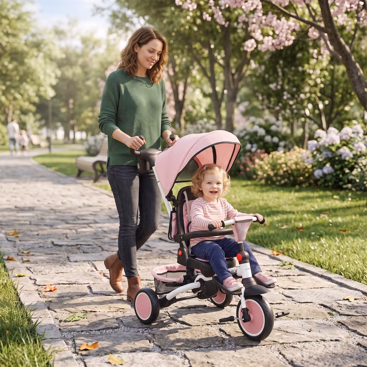 AIYAPLAY Triciclo 6 in 1 per Bambini con Maniglione di Spinta e Sedile Girevole, Pieghevole, Rosa, L: 111.5 cm, P: 52 cm, H: 98 cm – 2
