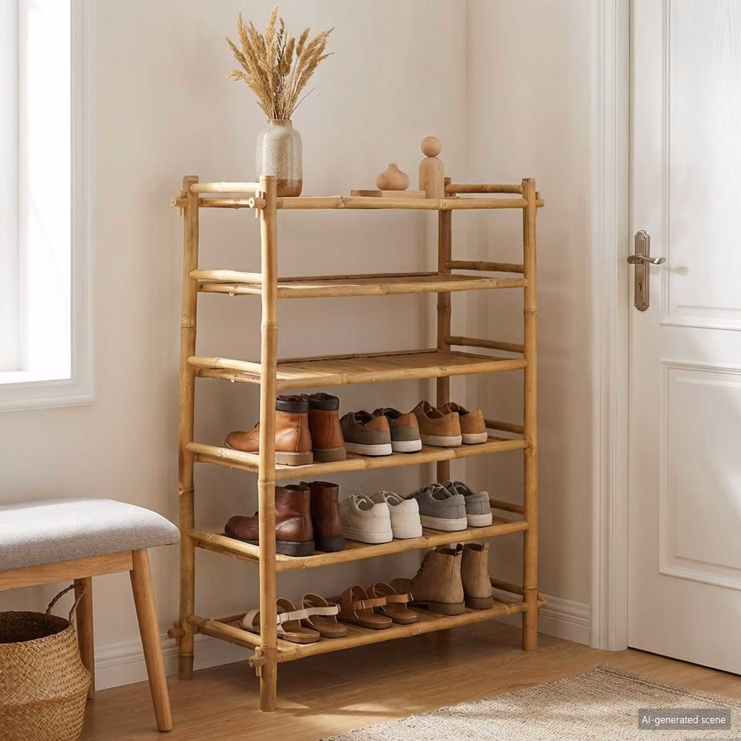 Scarpiera moderna vidaXL in bambù beige con scaffale e 6 ripiani L: 115 cm, P: 35 cm, H: 35 cm