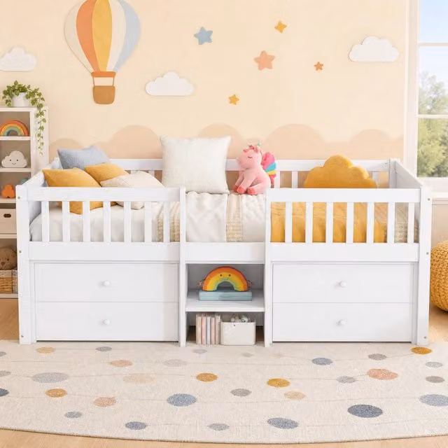 Letto a soppalco 90x200 cm con 4 cassetti; sponde di sicurezza e scala; bianco