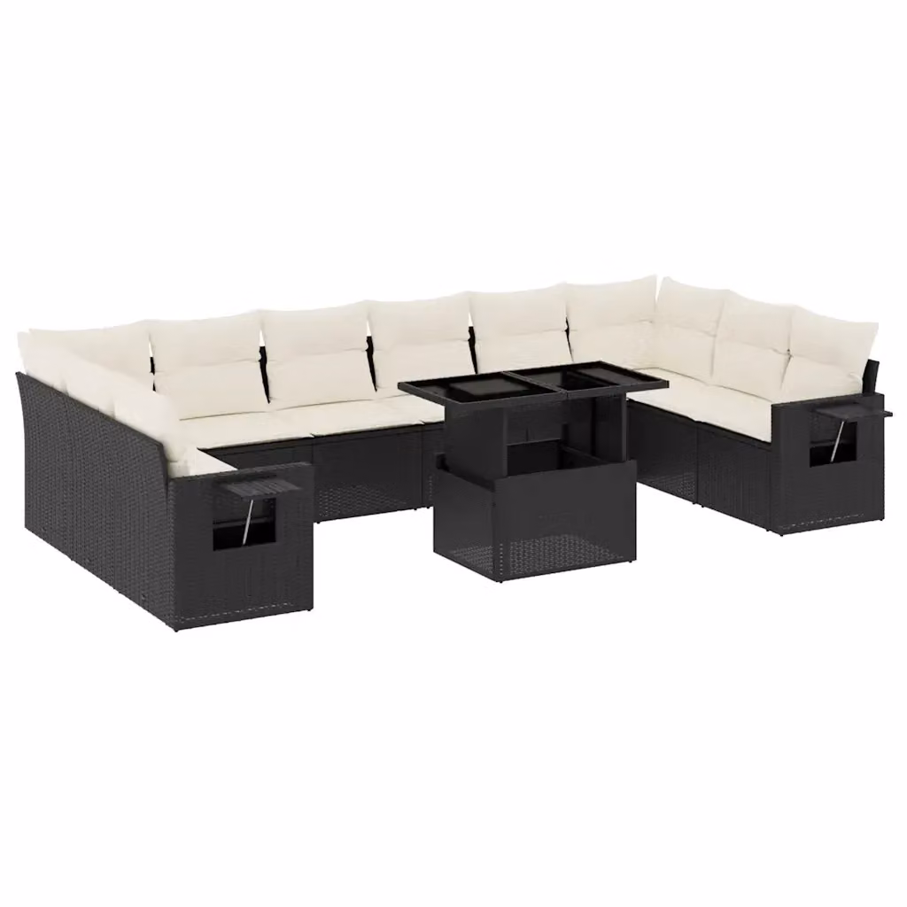 Set di Divani da Giardino a Forma di U vidaXL in Polyrattan Nero con Cuscini e Tavolino da Esterno 11 Pezzi – 2