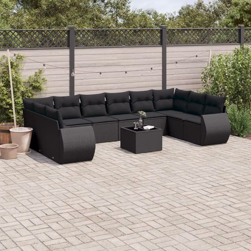 vidaXL Set Divani da Giardino a L 11 pz in Polyrattan Nero con Cuscini e Tavolino – 1