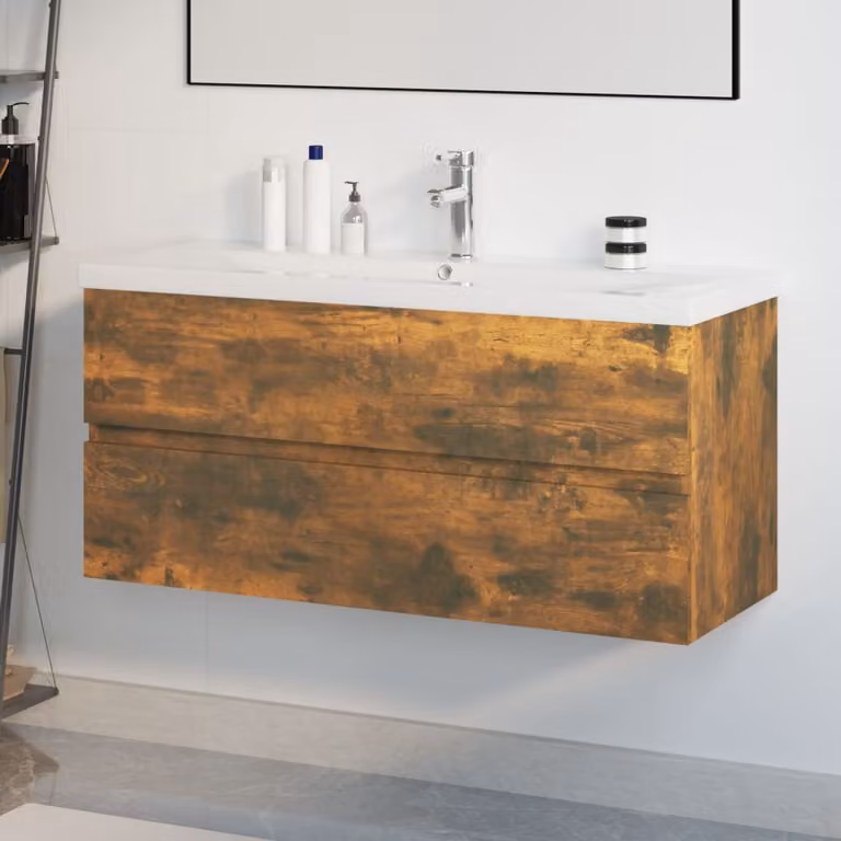 Mobiletto bagno sospeso vidaXL con lavabo integrato in rovere fumo e bianco moderno