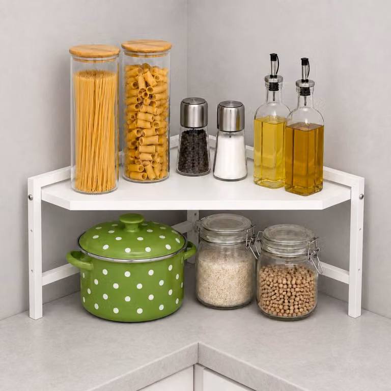 DanDiBo, scaffale angolare per cucina, ripiano per cucina, piano di lavoro, 55x55 cm, ripiano per microonde, bianco, 2 livelli, modello 96737, scaffale angolare per microonde