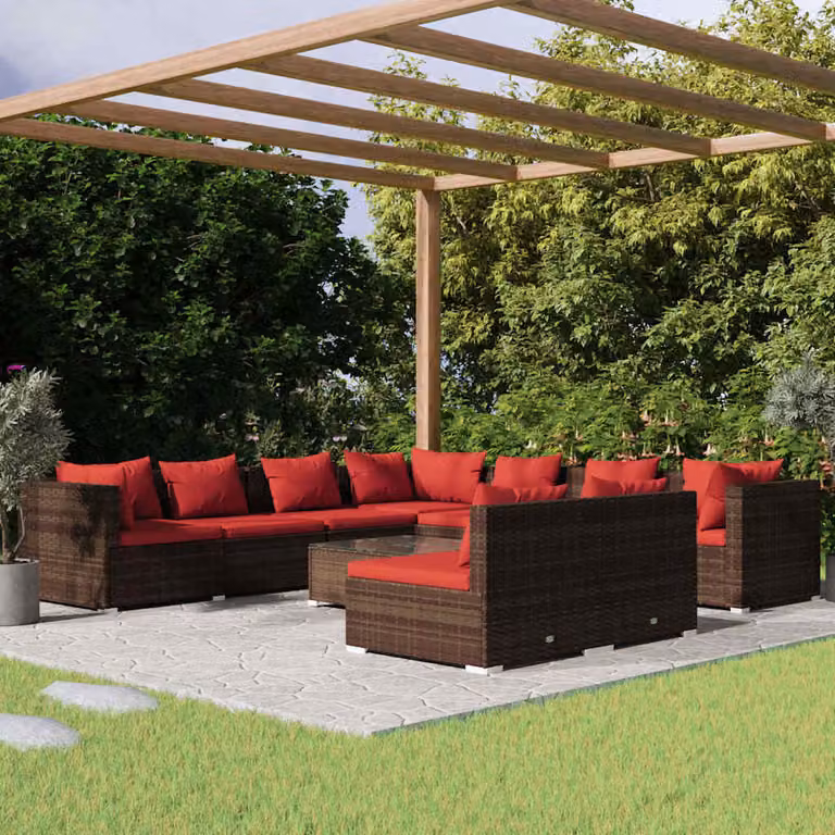 Set Divani da Giardino vidaXL 10 Pezzi a Forma di U con Tavolino e Cuscini Marroni e Rossi in Polyrattan e Acciaio
