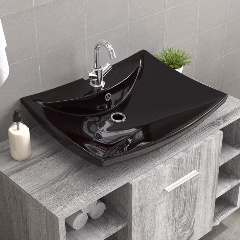 Lussuoso lavabo rettangolare in Vetroceramica con troppopieno e foro per rubinetto nero