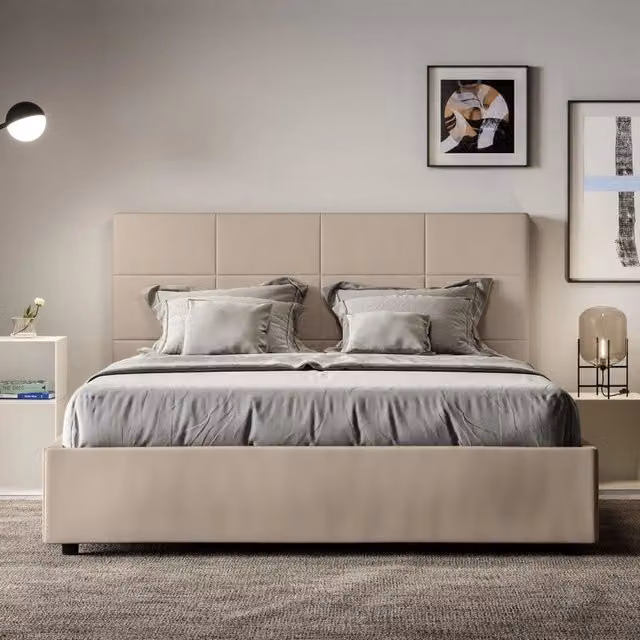 Letto imbottito Letto Matrimoniale alla Francese 150x210 cm Mika - Similpelle,Senza rete,Tortora