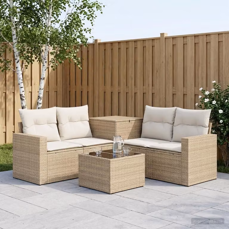Set di divani da giardino vidaXL in polyrattan con forma a L, colore beige e bianco crema, composto da 6 pezzi con tavolino e pouf inclusi