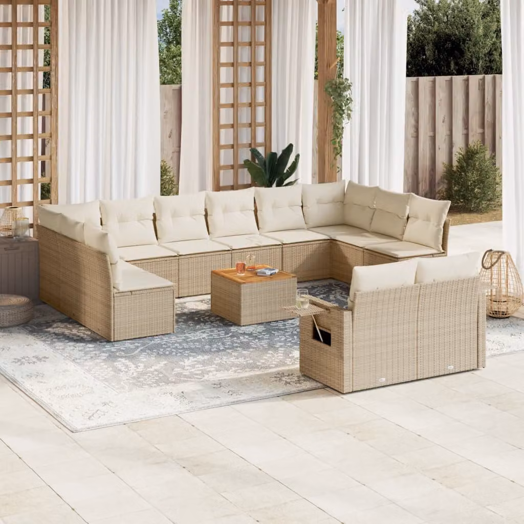 vidaXL Set Divano da Giardino a L 13 pz in Polyrattan con Cuscini Beige e Tavolino – 1