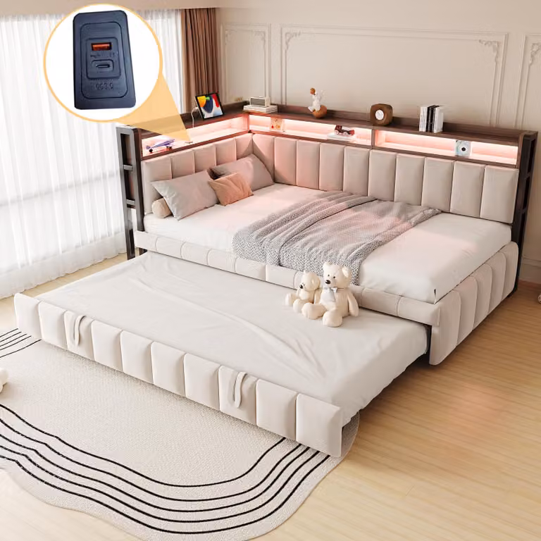 Letto imbottito Sweiko Divano letto 90x200cm con letto estraibile, illuminazione a LED e vani portaoggetti all'estremità della testa e dei piedi, dotati di connessioni USB e di tipo C. Divano letto singolo, tessuto di velluto beige
