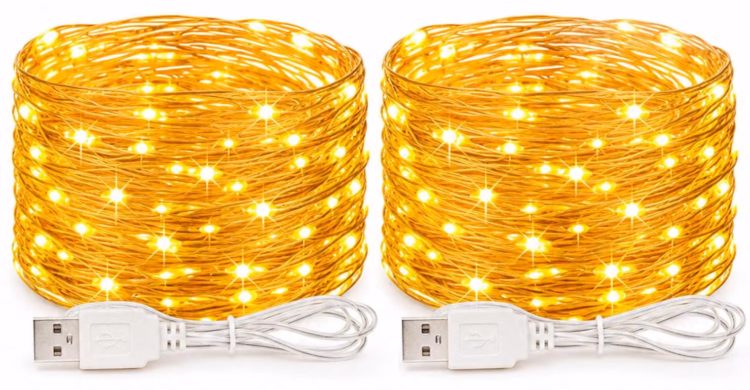 Set di 2 catene luminose USB, lunghezza 5 metri, 50 LED, luce bianco caldo