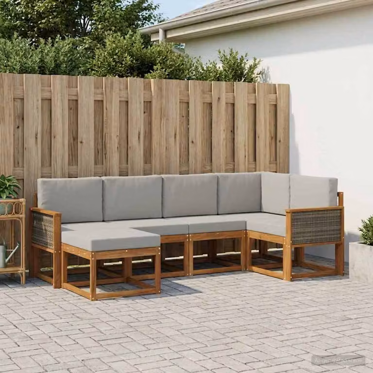 Set di divani da esterno vidaXL a forma di L composto da 6 pezzi in legno di acacia con cuscini, colore beige e grigio