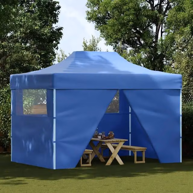 Gazebo professionale pieghevole con 4 pareti e finestre in acciaio e PVC, Blu, L: 4 m, P: 3 m, H: 2,8 m