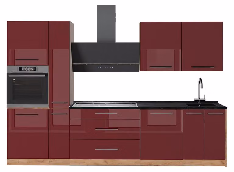 Cucina componibile Vicco Fame-Line Bordeaux lucido/Rovere dorato 310 cm, PL Antracite, Model 64304