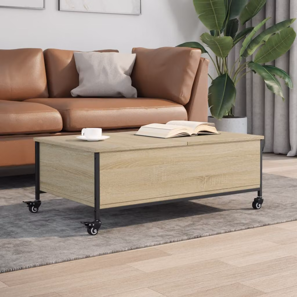 vidaXL Tavolino con Ruote in Legno Multistrato Rovere Sonoma, L 91 x P 55 x H 34 cm