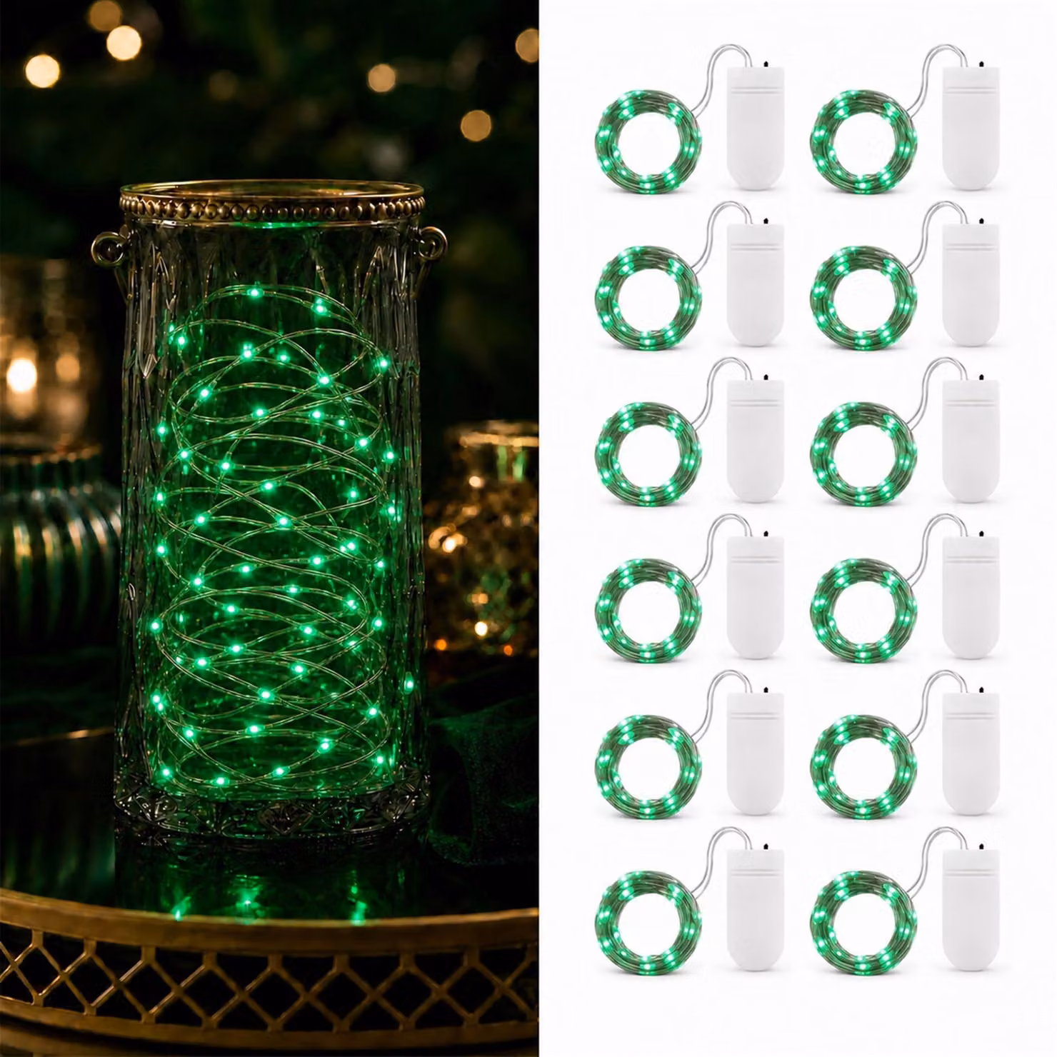 Catena luminosa, 12 pezzi da 2 metri, 20 LED, impermeabile, verde, alimentata a batteria