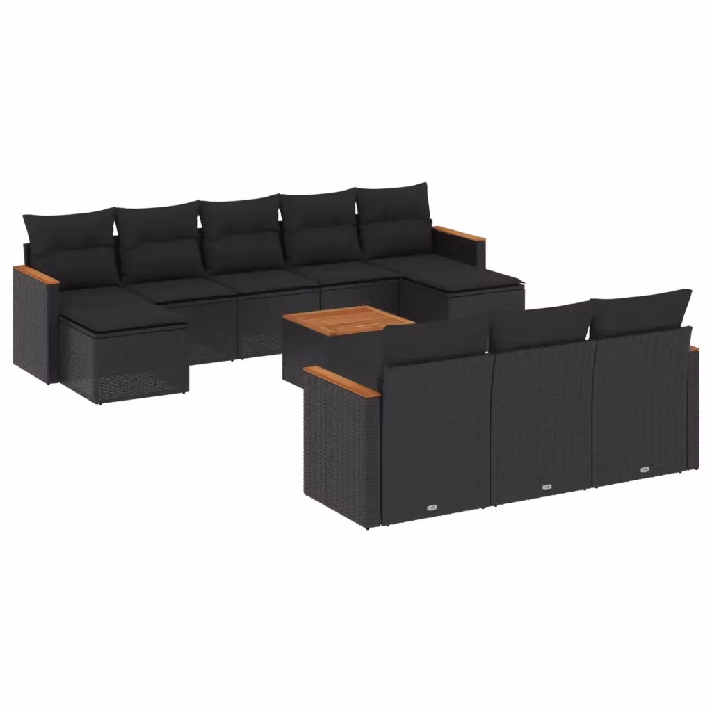 vidaXL Set Divani da Giardino 11 pz in Polyrattan Nero con Cuscini e Tavolino da Esterno – 2