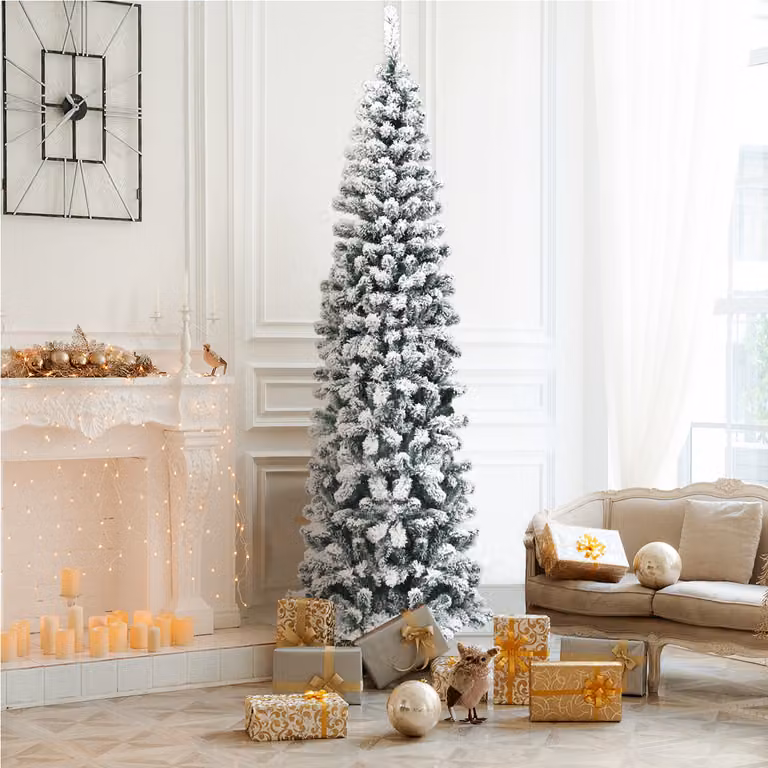 Albero di Natale artificiale Costway, Abete innevato verde e bianco in PVC con base in metallo pieghevole, Altezza: 225 cm