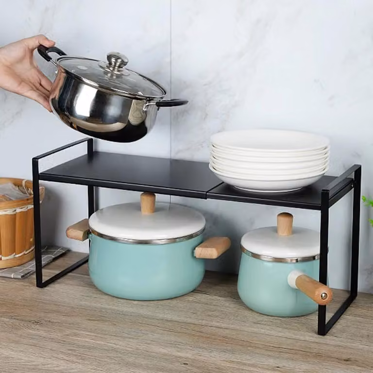 Organizzatore espandibile per scaffali da cucina, adatto a mobili da cucina e piani di lavoro, ripiano portaoggetti per cucine, dispense e armadi