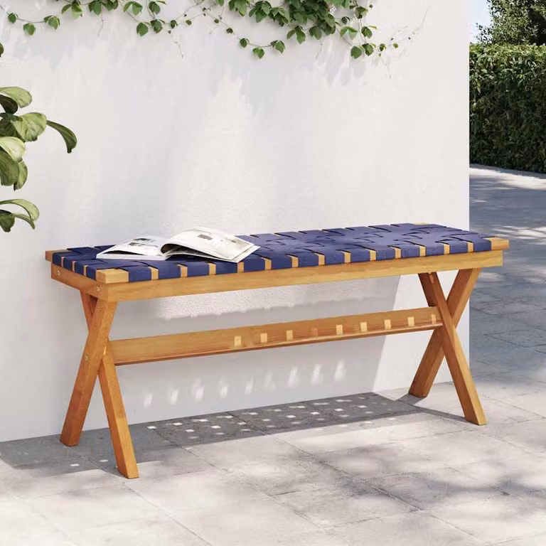 vidaXL Panca da Giardino in Legno di Acacia con Cuscini Blu e Marrone L: 110 cm, P: 42 cm, H: 34 cm