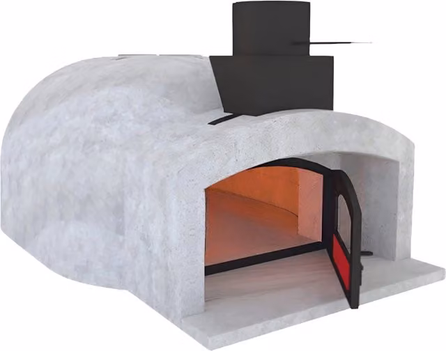 Forno a legna artigianale in cemento e pietra di colore bianco con camera di cottura, diametro 80 cm