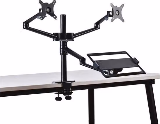 Scrivania adattabile in metallo nero con supporto per monitor e laptop da 10 a 32 pollici