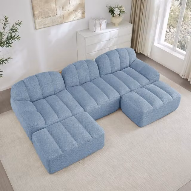Divano panoramico modulare MIVRAY a 3 posti in tessuto blu con seduta ampia e schiuma 32D, L: 288.0 cm, P: 165.0 cm, H: 79.0 cm