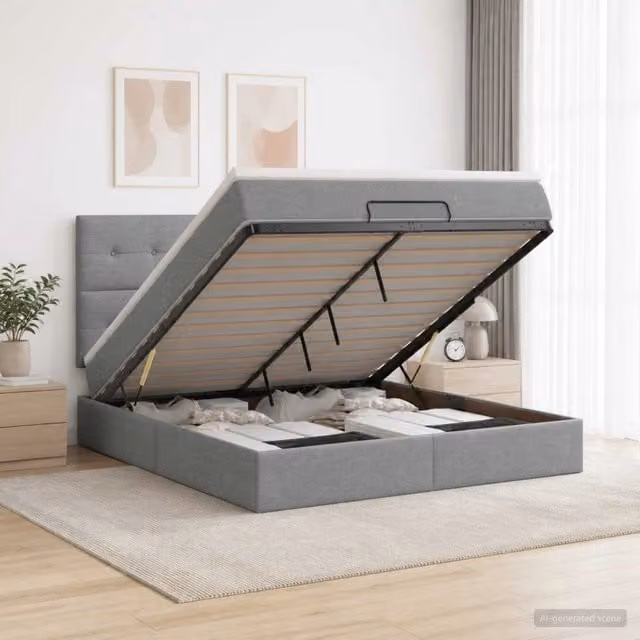 Letto ottomano con materasso vidaXL in tessuto grigio e bianco L: 180 cm, P: 200 cm, H: 140 cm