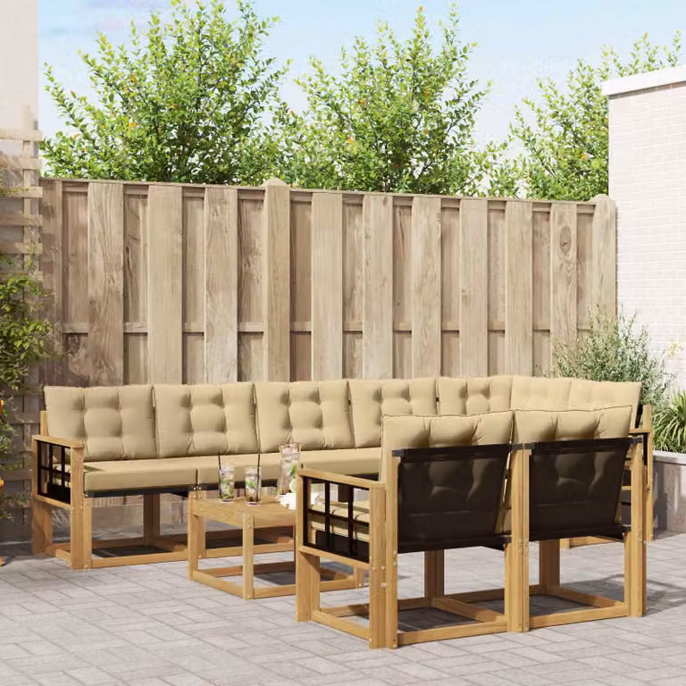 vidaXL Set di divani da esterno moderno a L composto da 9 pezzi con tavolo da caffè e cuscini, struttura in legno di acacia e tessuto textilene, Bianco e Beige