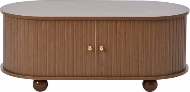 Tavolino da caffè ovale in MDF color noce con porte scorrevoli a 360°, 100x50x40 cm, con ampio spazio di archiviazione